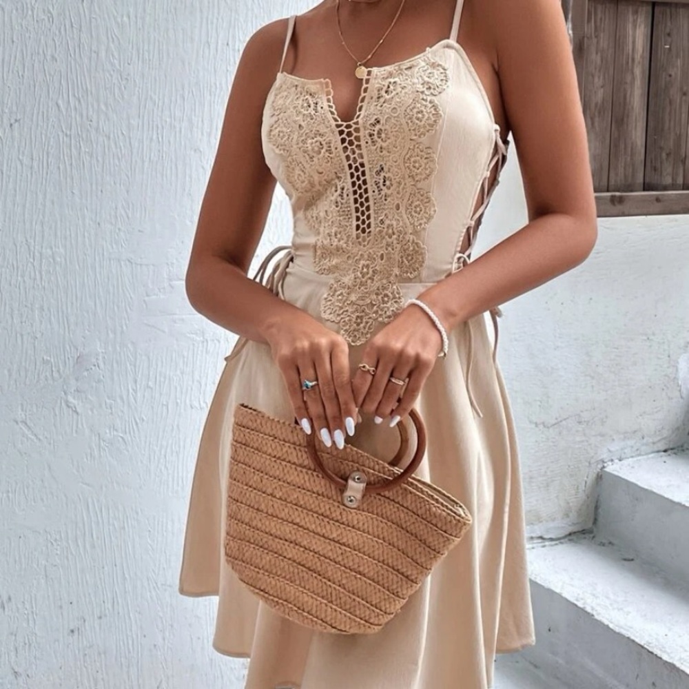 Shein/ Lace up Side contrast guipure lace cami dress